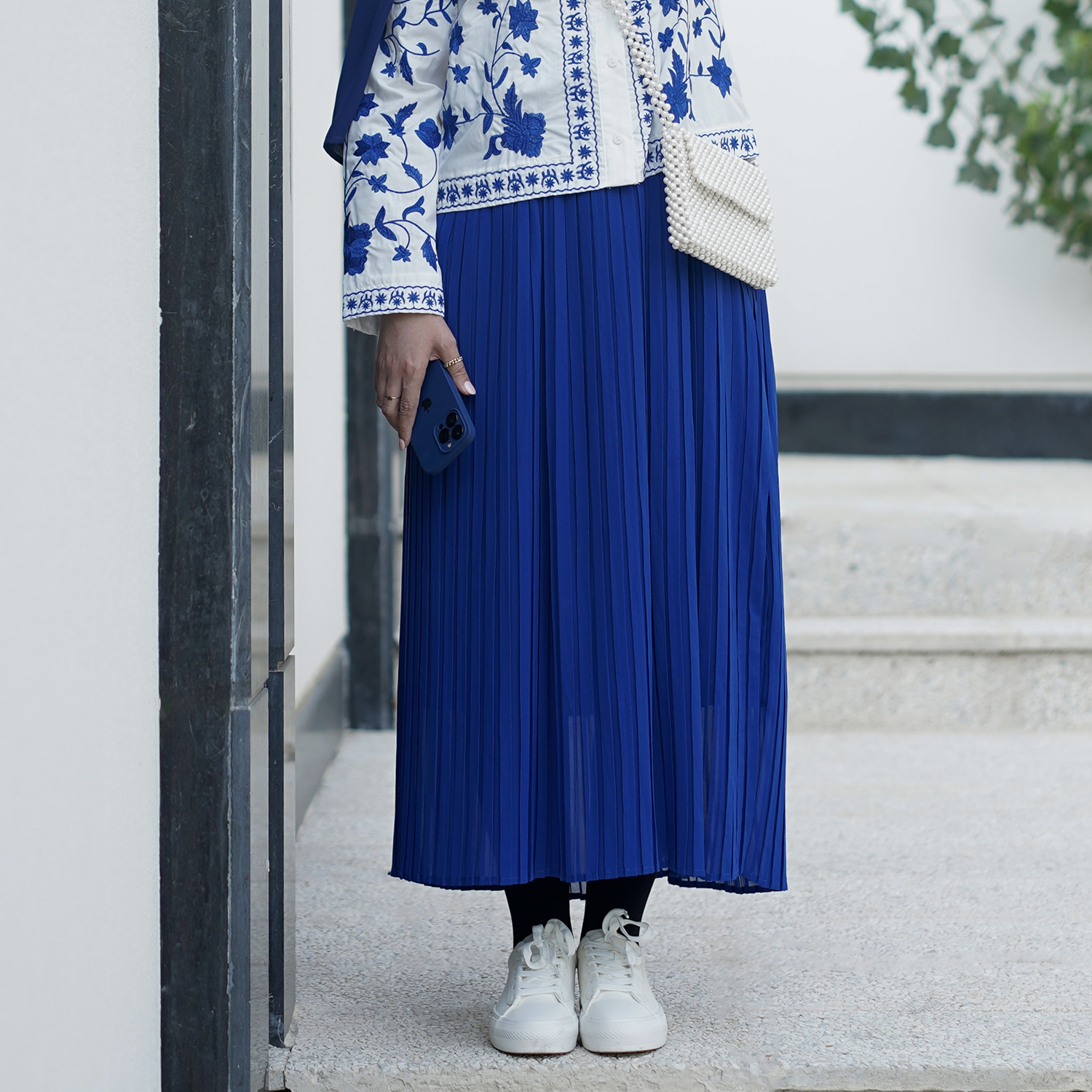 دامن پلیسه حریر آبی کاربنی