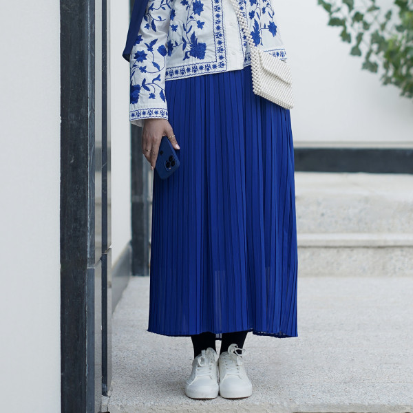 دامن پلیسه حریر آبی کاربنی